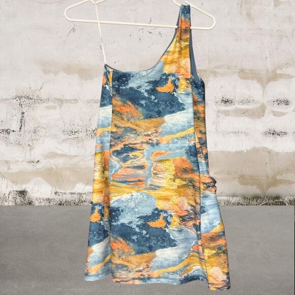 DSG NWOT Women Blue Crater Lake Multi Short One Shoulder Athletic Dress Small - Picture 2 of 7